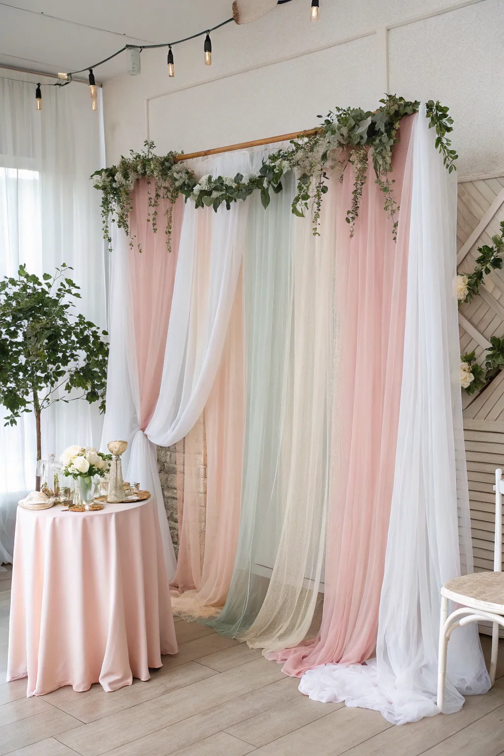Transform your bridal shower with an elegant DIY fabric backdrop that embodies minimalist elegance and natural beauty.