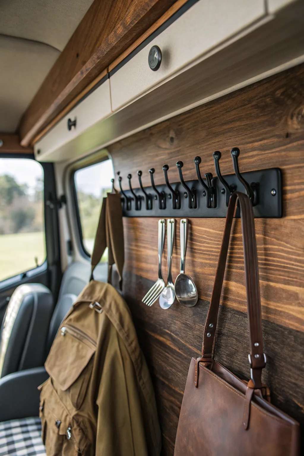 Elevate your campervan with versatile utility hooks, blending functionality with artisanal charm.