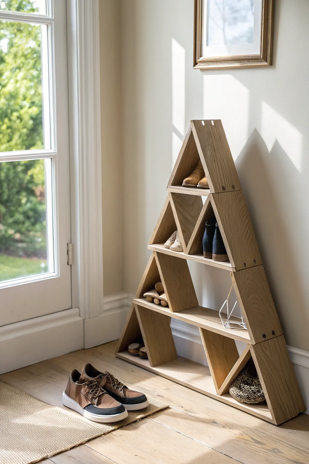 Elevate your entryway with this chic DIY triangular shoe rack, where minimalism meets boho flair!