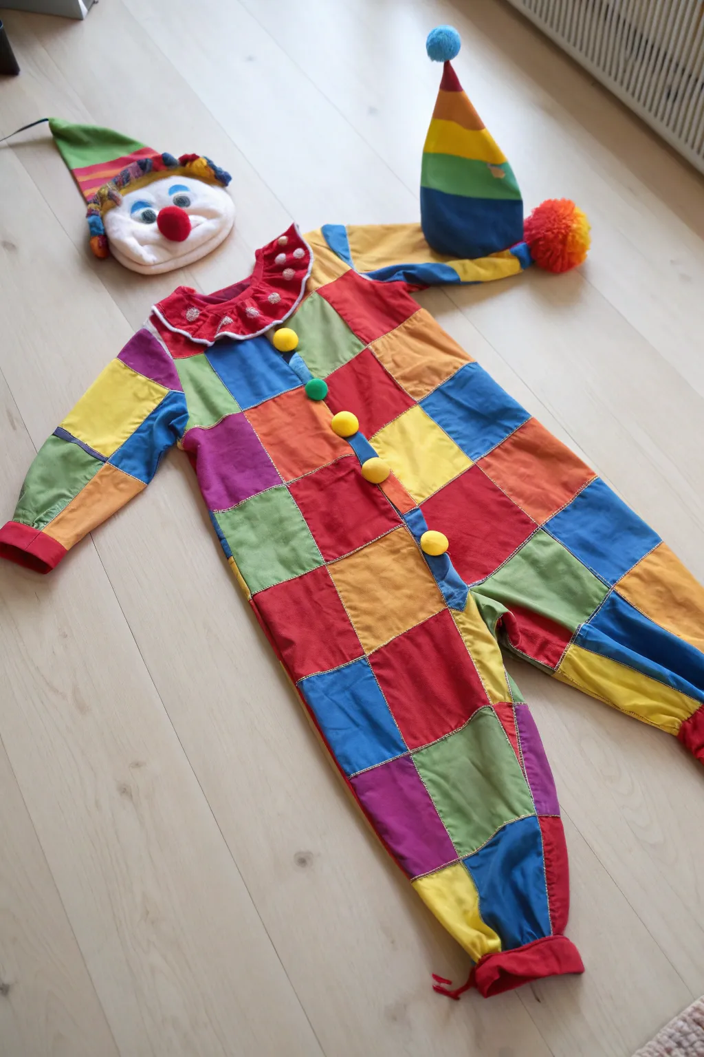 Craft your own carnival delight with this vibrant DIY clown costume—where playful colors meet minimalist charm.