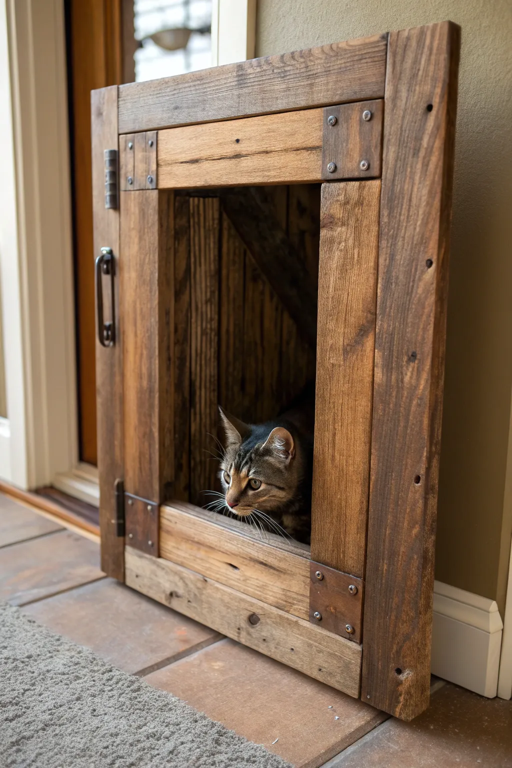 Elevate your space with a charming rustic cat door crafted from reclaimed wood, where functionality meets artisanal beauty.