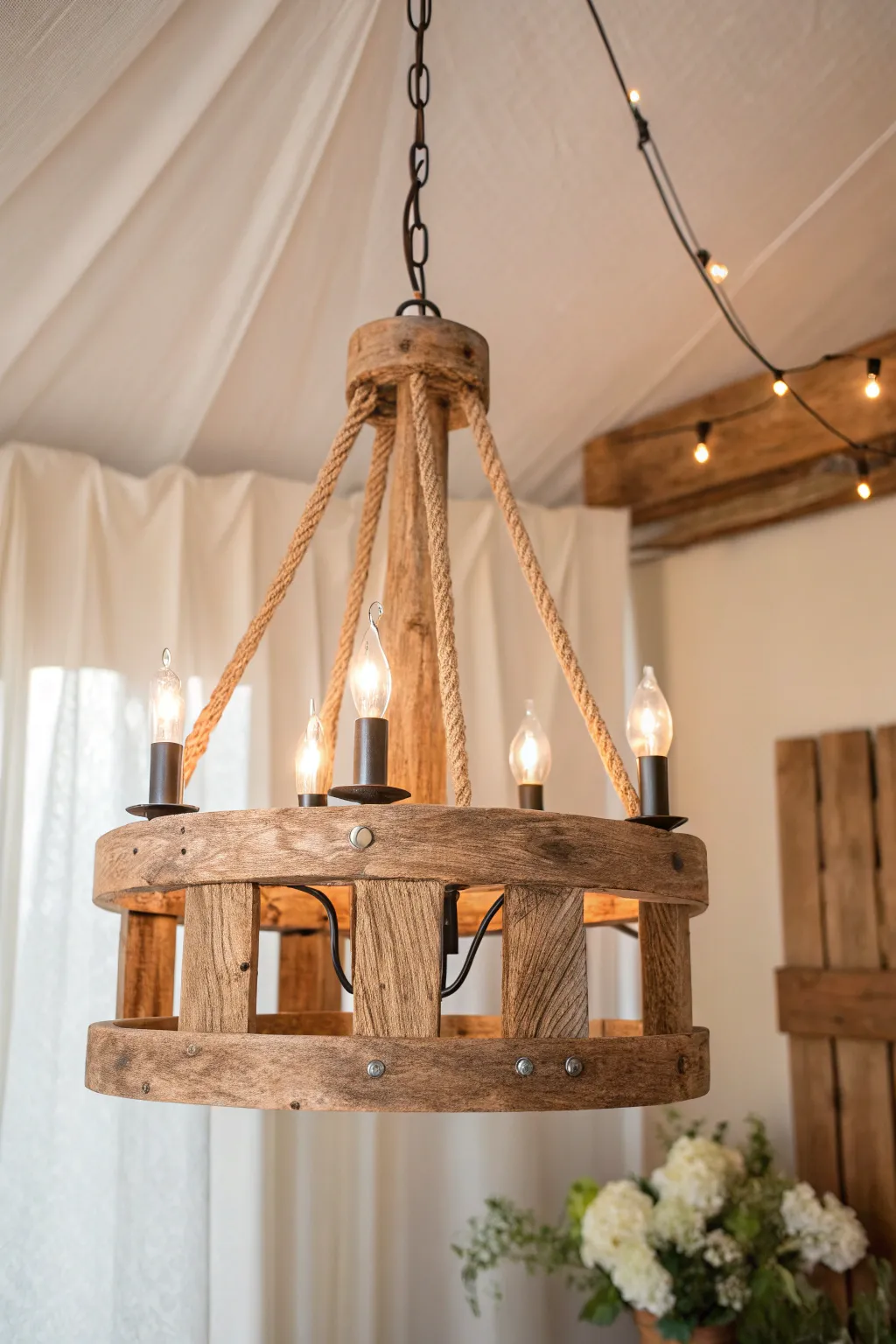 Transform your space with eco-friendly elegance using reclaimed wood in your chandelier makeover.