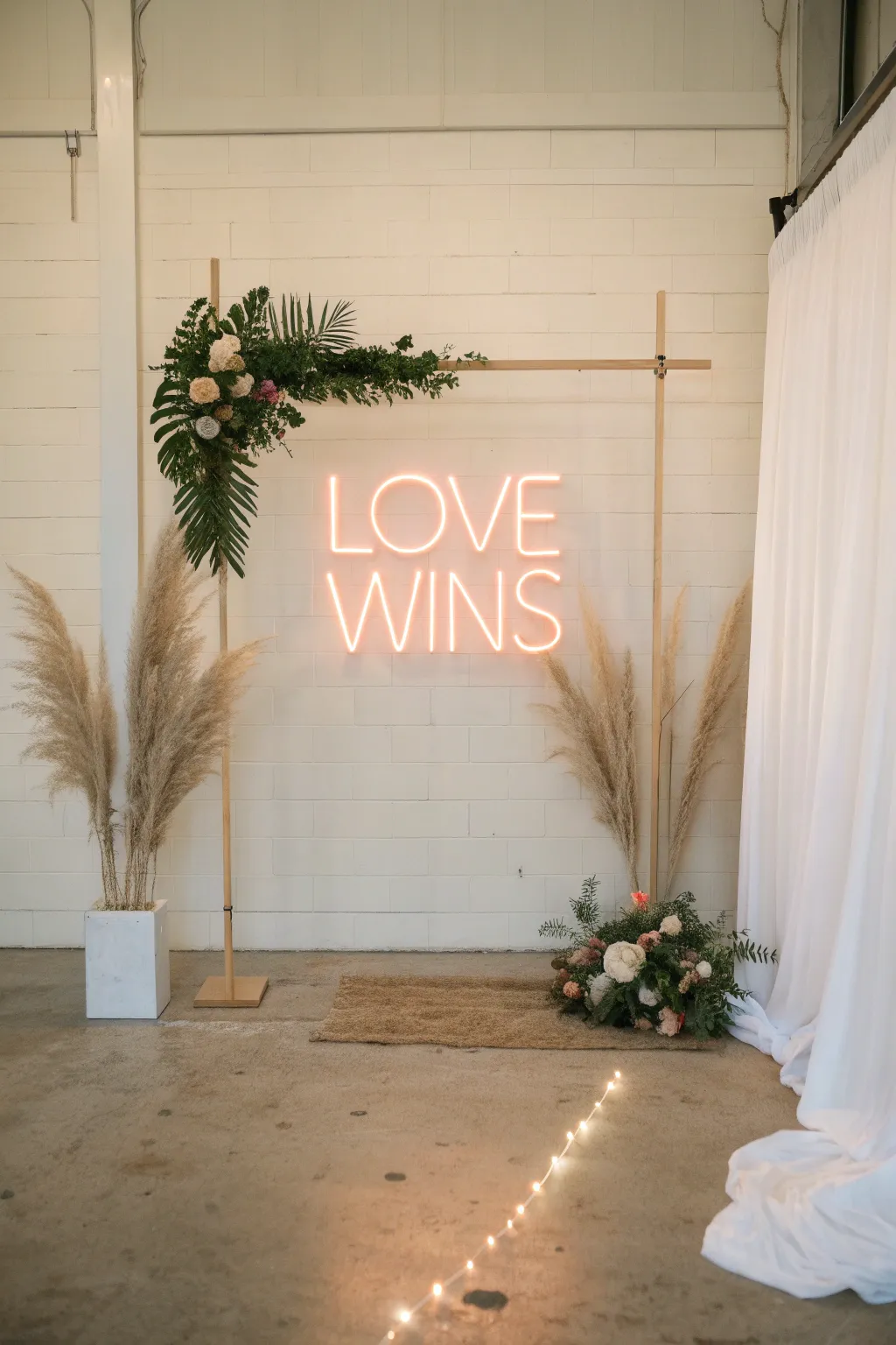 Illuminate your love story with a stunning 'Love Wins' neon sign, perfect for a chic and modern wedding backdrop.