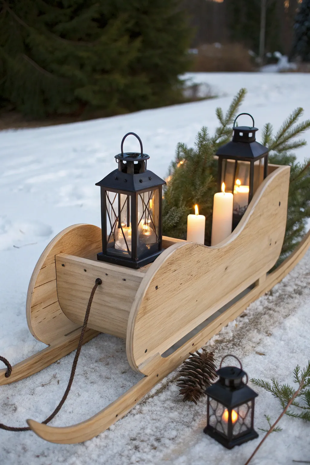 Illuminate your outdoor space with a cozy sleigh lantern display, perfect for a minimalist winter wonderland.