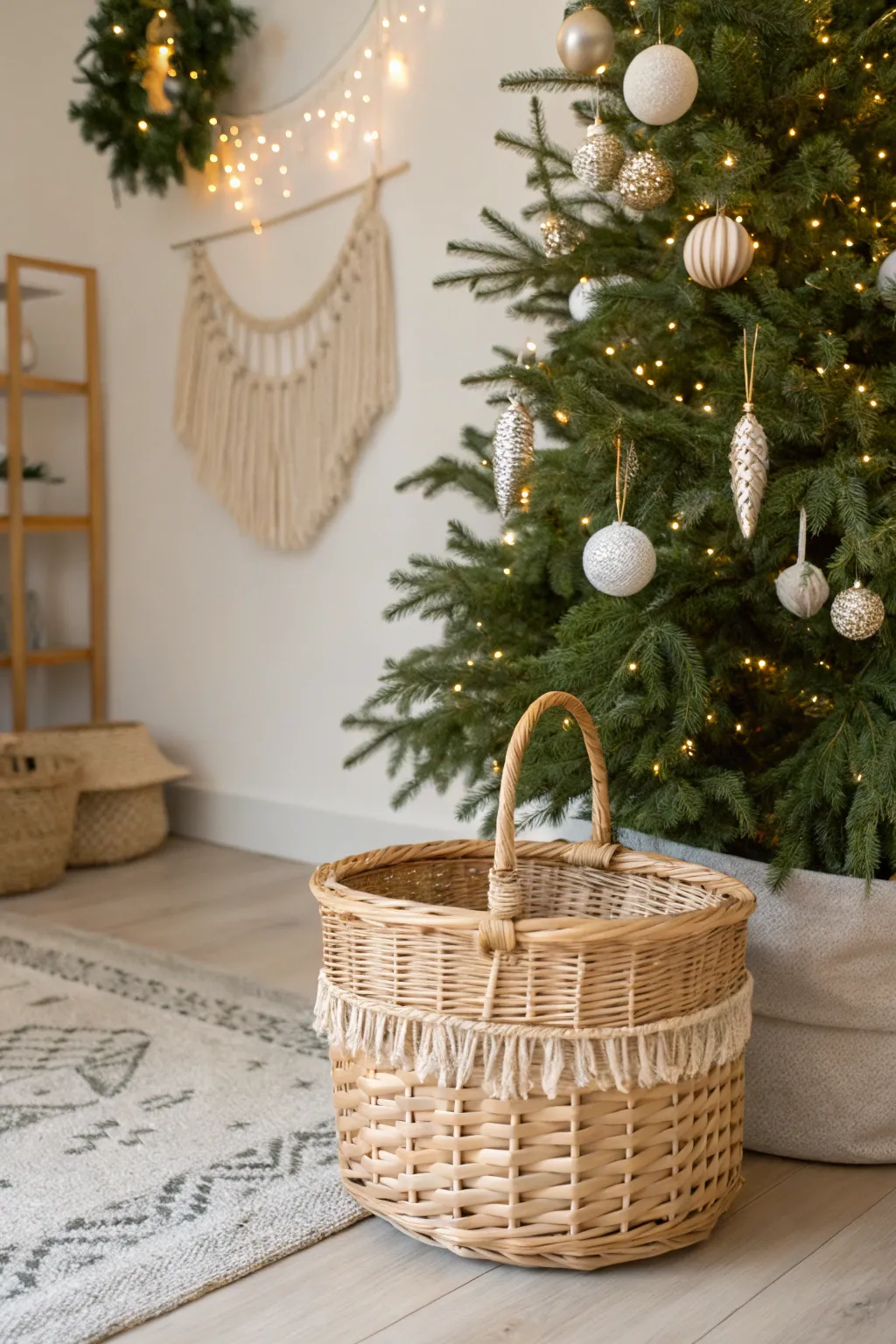Embrace the cozy charm of a woven basket for a rustic touch beneath your Christmas tree.