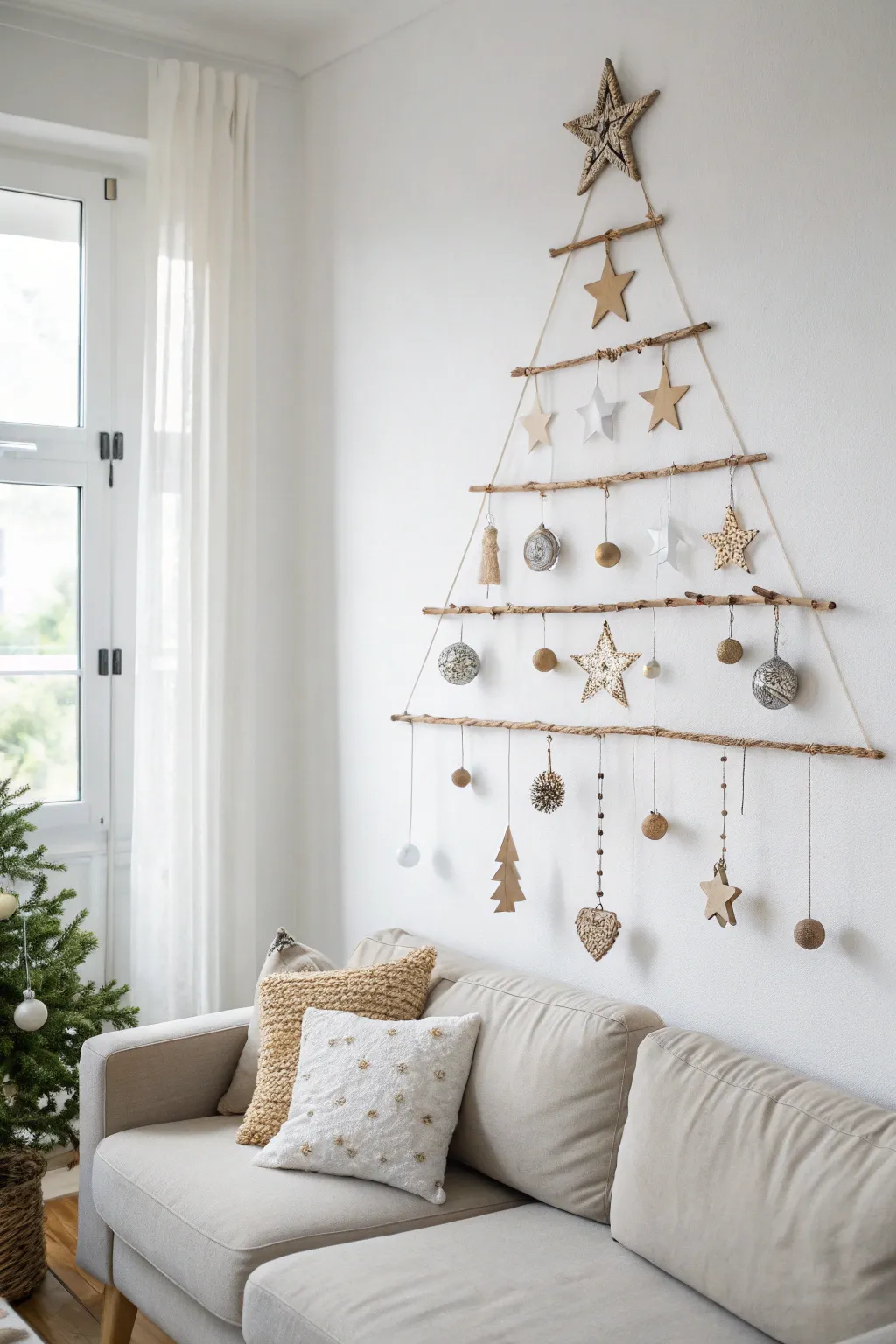 Elevate your holiday decor with this DIY hanging ornament tree, blending minimalist charm with boho elegance.