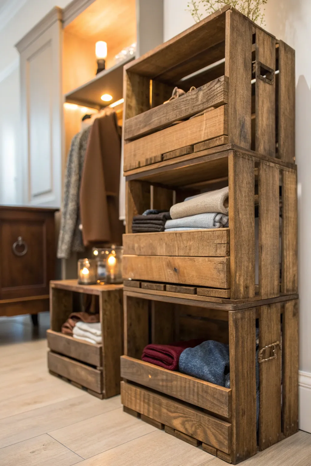 Transform your closet with rustic charm using repurposed wooden crates. #DIY #Craftsmanship