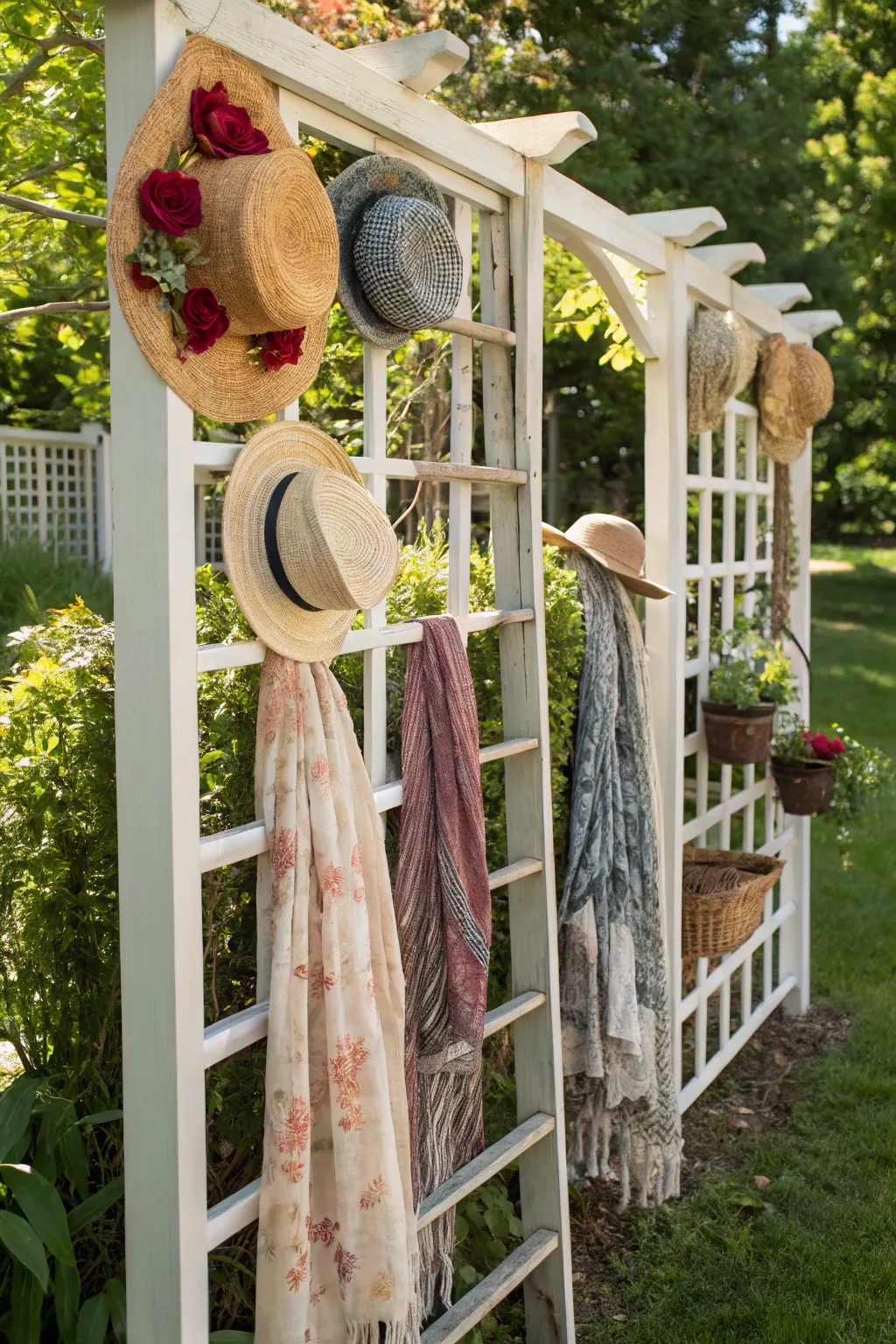 Transform your garden trellis into a chic clothes display for your next yard sale!