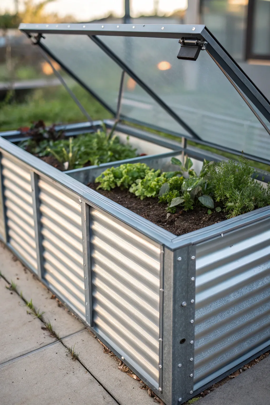 Revamp your garden with a touch of modern elegance: corrugated metal meets glass.