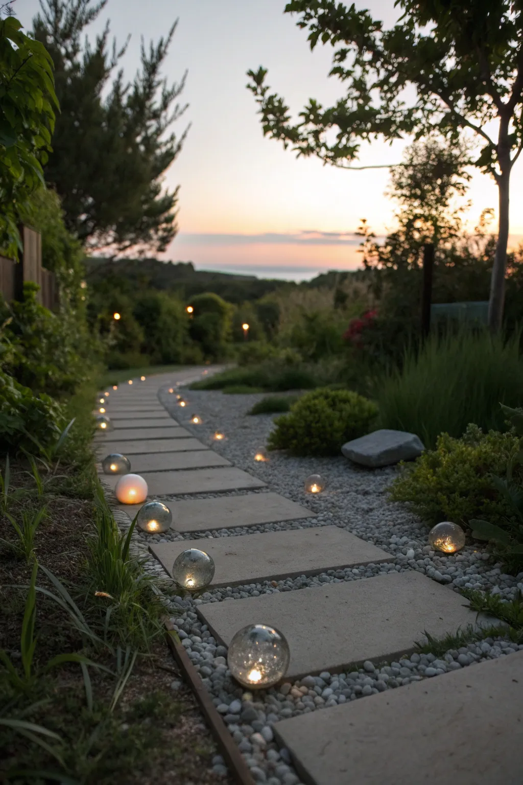Illuminate your garden path with the enchanting glow of glass marbles, where simplicity meets natural beauty.