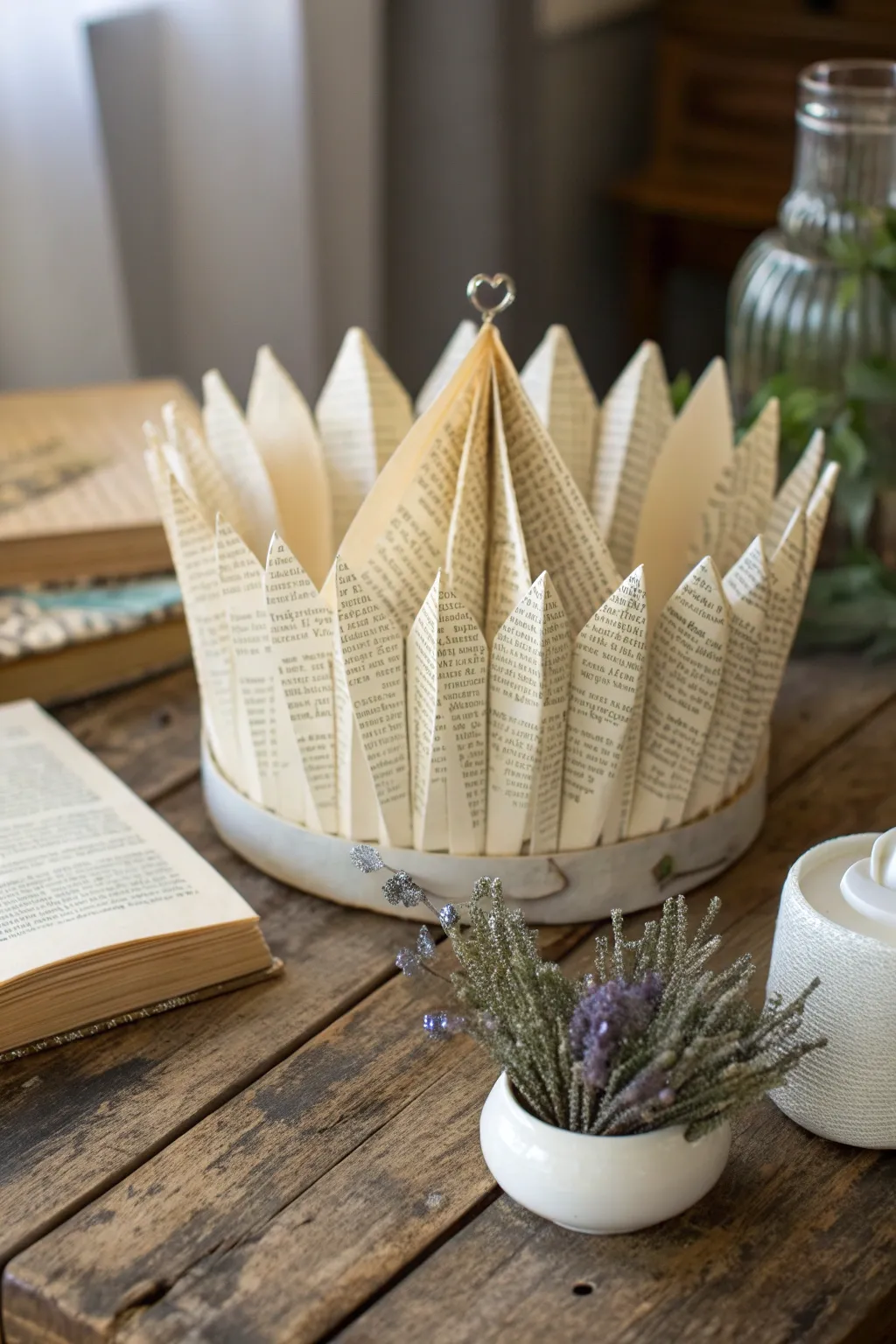 Transform old pages into a stunning focal point with this vintage book page crown, where literary elegance meets minimalist beauty.