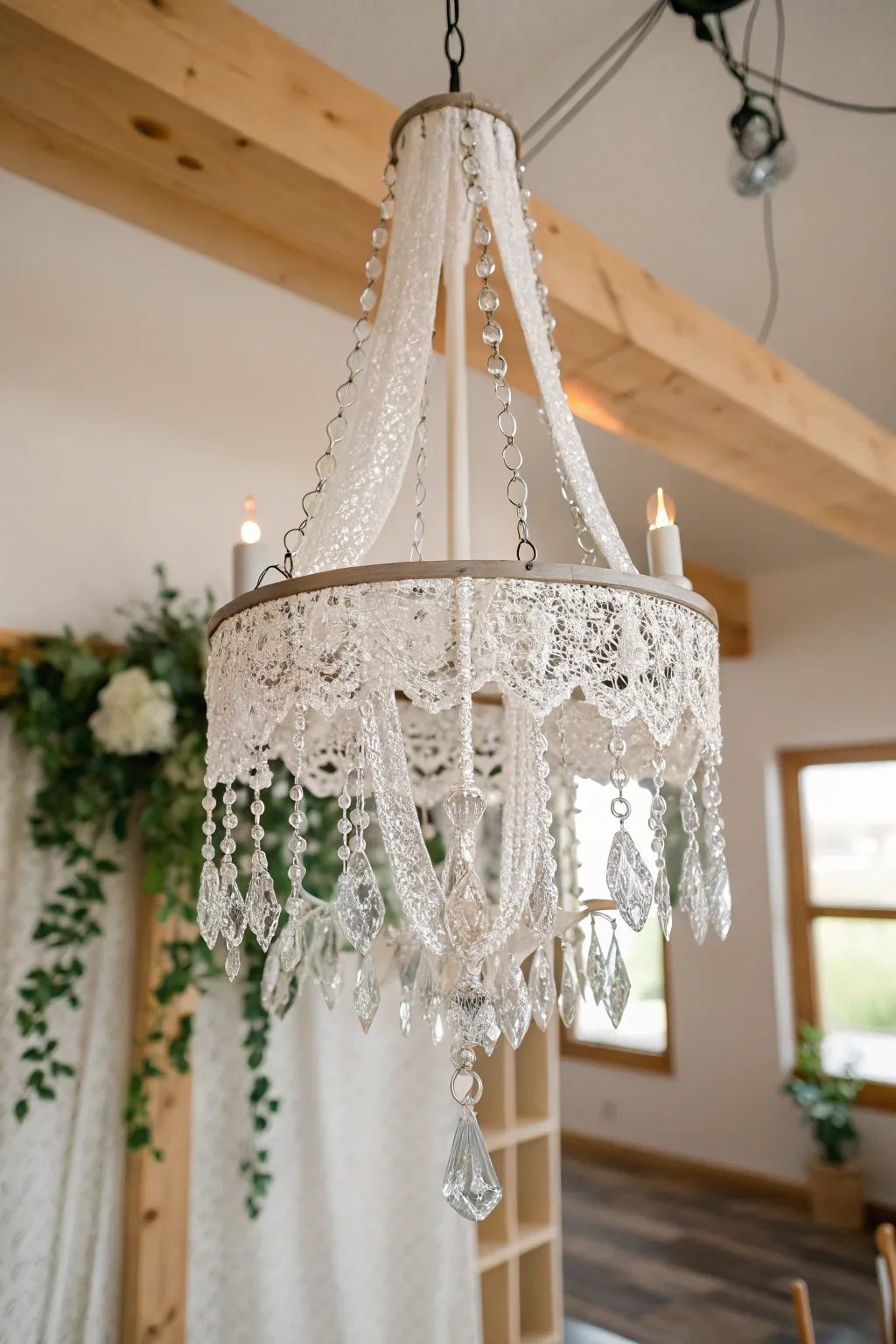Craft your own vintage-inspired elegance with a lace and crystal chandelier.