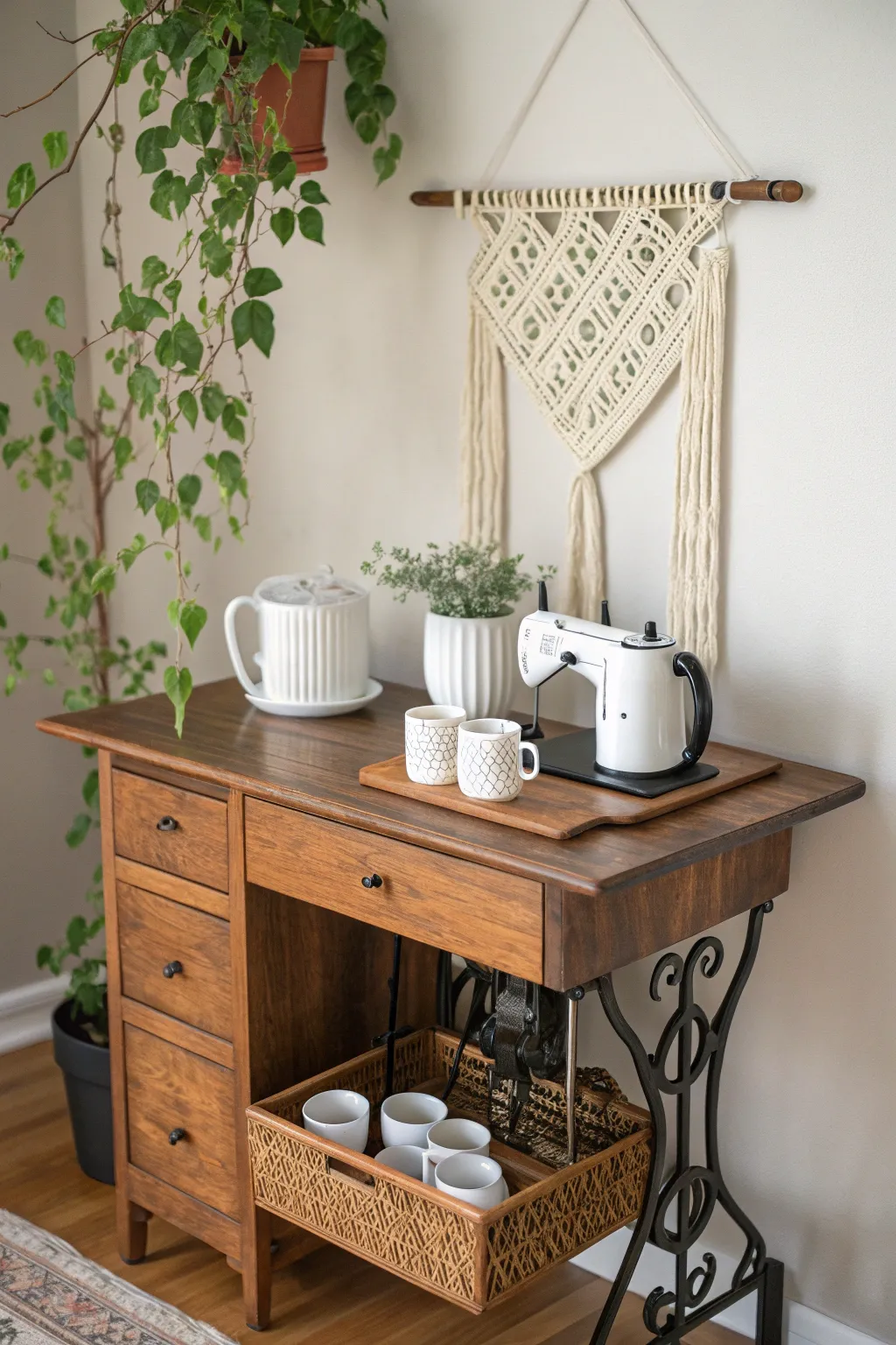 Transform vintage charm into functional beauty with an upcycled sewing table drink station.