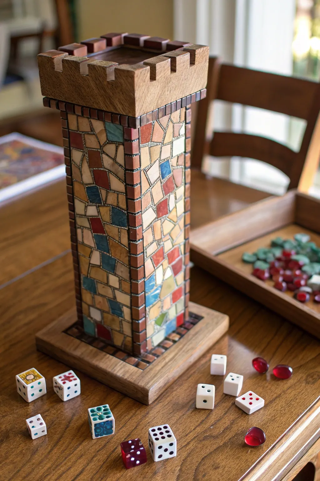 Transform your game nights with a stunning mosaic tile dice tower that doubles as a piece of art.