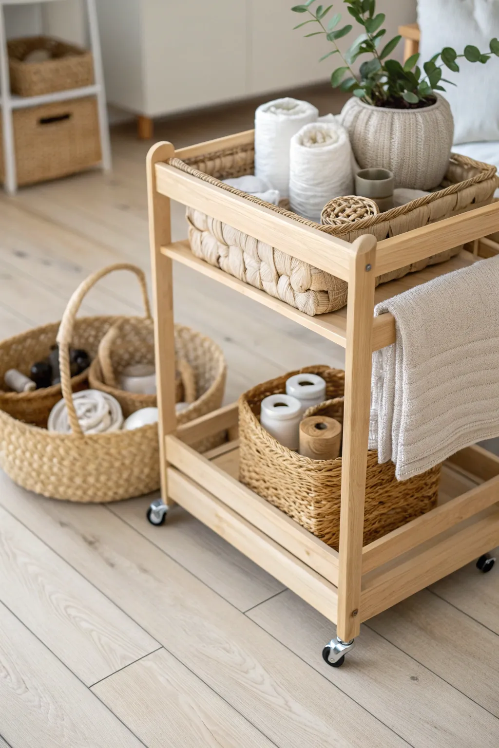 Effortlessly stylish and mobile: Elevate your craft show setup with a chic rolling cart display.