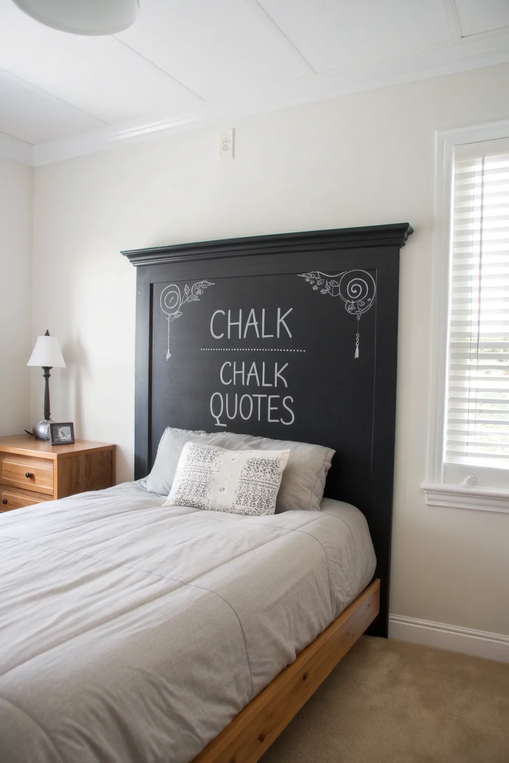 Transform your dorm room into a creative haven with a chic chalkboard headboard. #DIYDormDecor #MinimalistBoho