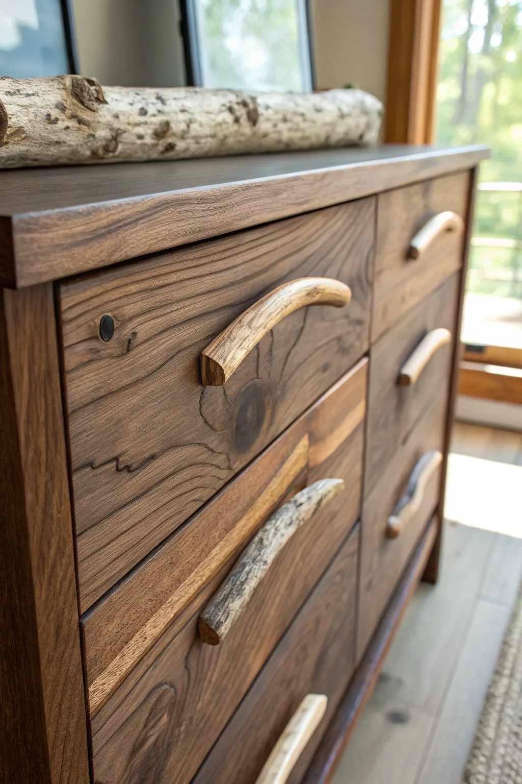Embrace the art of nature with this handcrafted dresser adorned with driftwood handles.