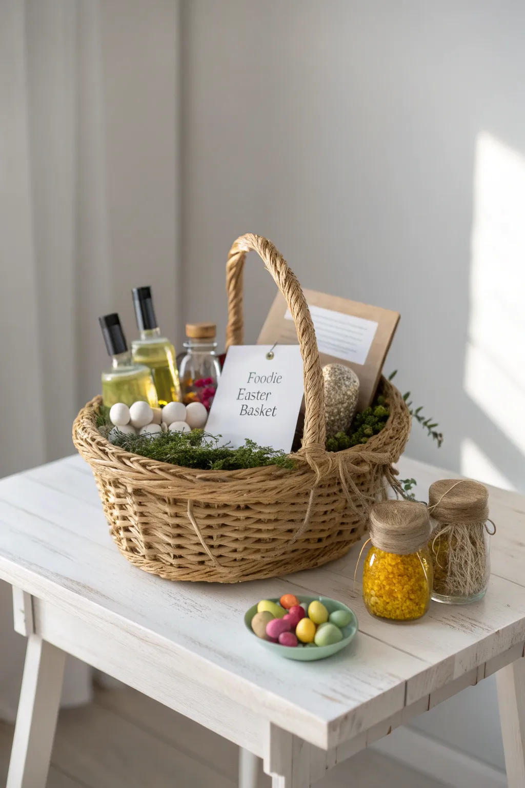 Elevate your Easter with a gourmet Foodie Basket, a culinary delight wrapped in natural elegance.
