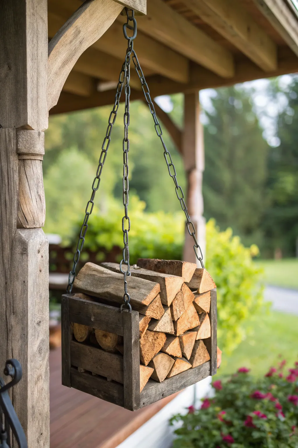 Elevate your firewood storage with this space-saving hanging holder—a perfect blend of functionality and rustic charm.