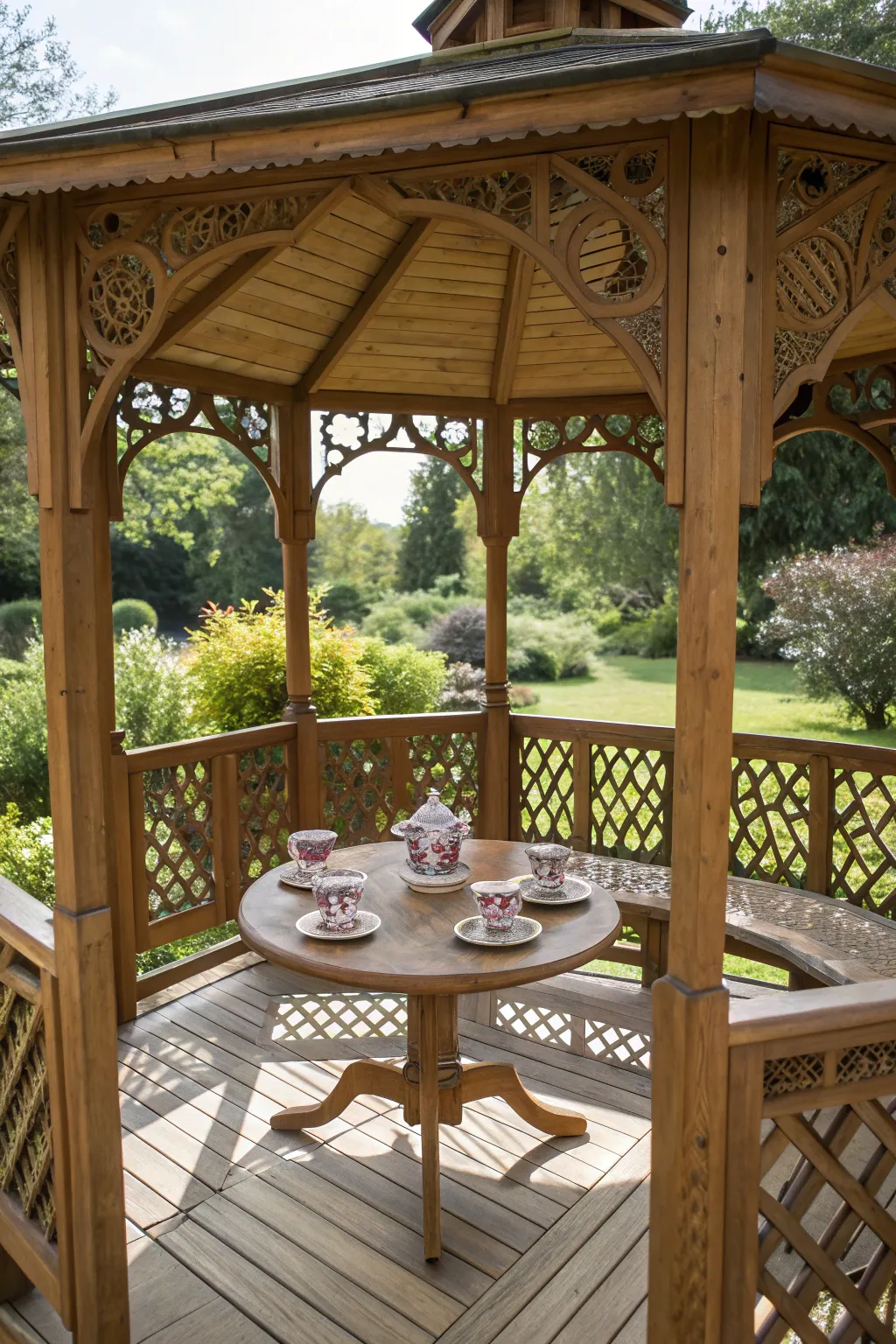 Step into a fairytale with this exquisitely crafted gazebo tea room, the perfect escape for an afternoon of elegance and tranquility.
