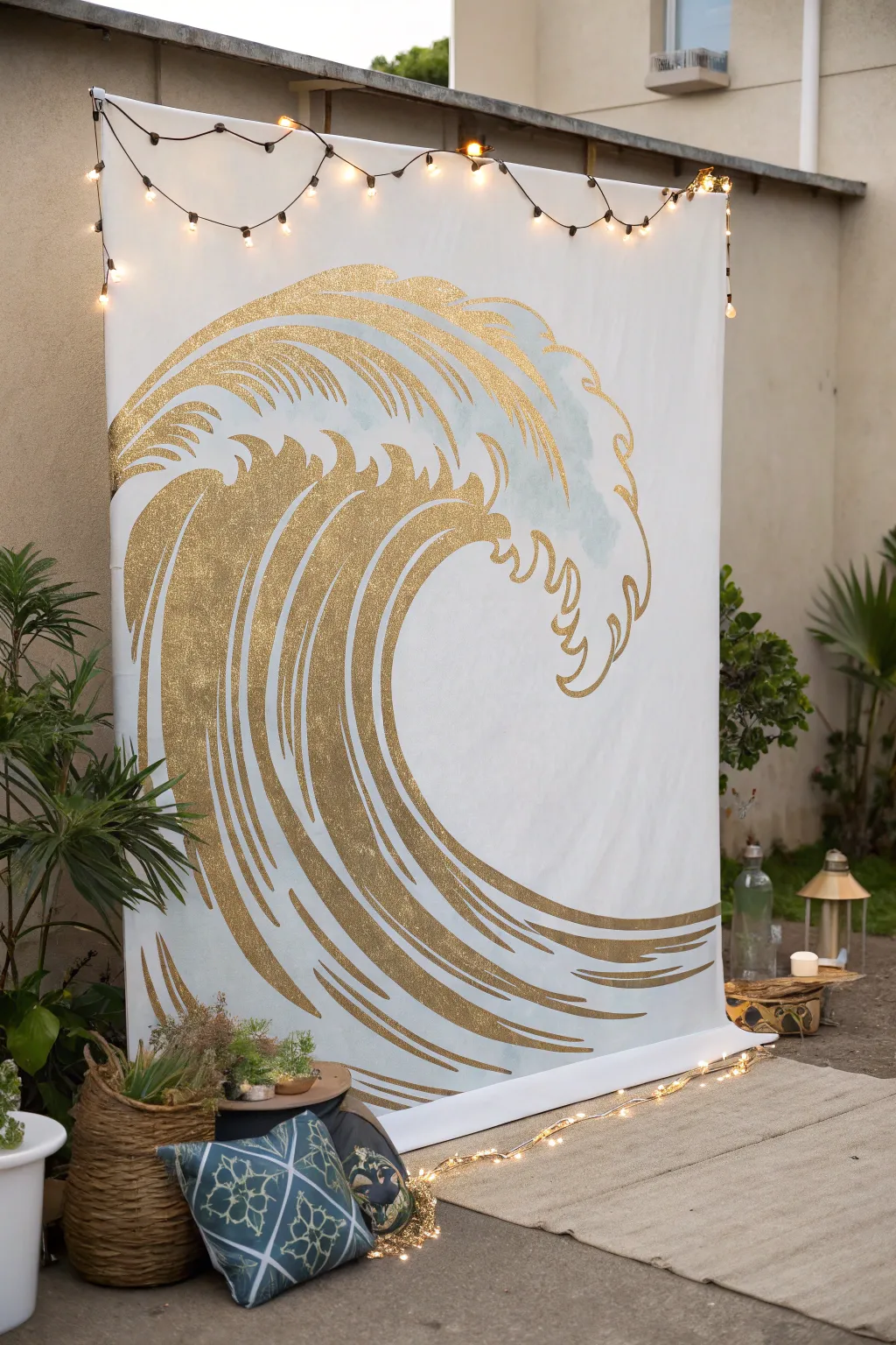 Dive into the elegance of ocean waves with this stunning DIY backdrop, where simplicity meets shimmering beauty.