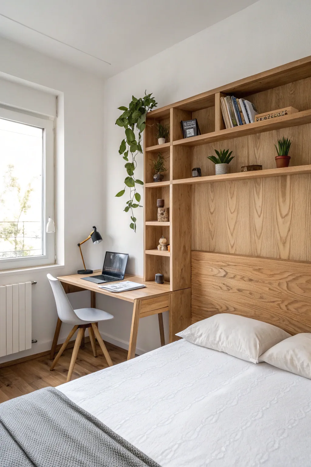 Transform your headboard into a stylish workspace with a fold-down desk—perfect for small spaces!