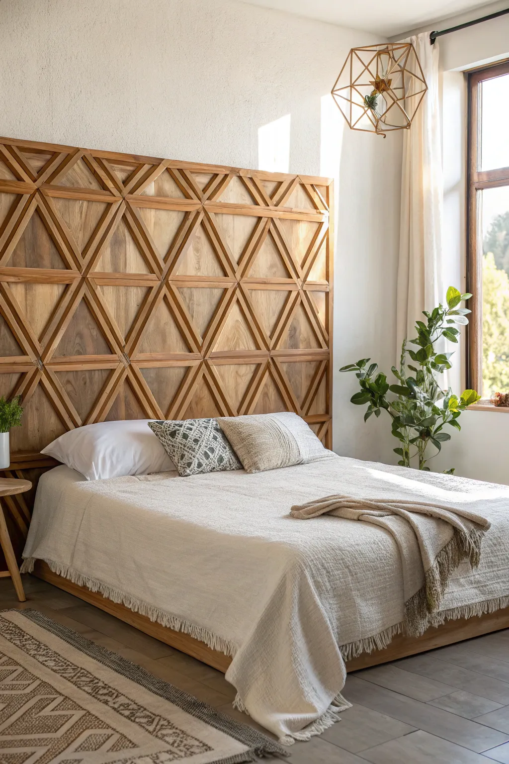 Transform your bedroom with a modern geometric wood headboard—where craftsmanship meets minimalist elegance.