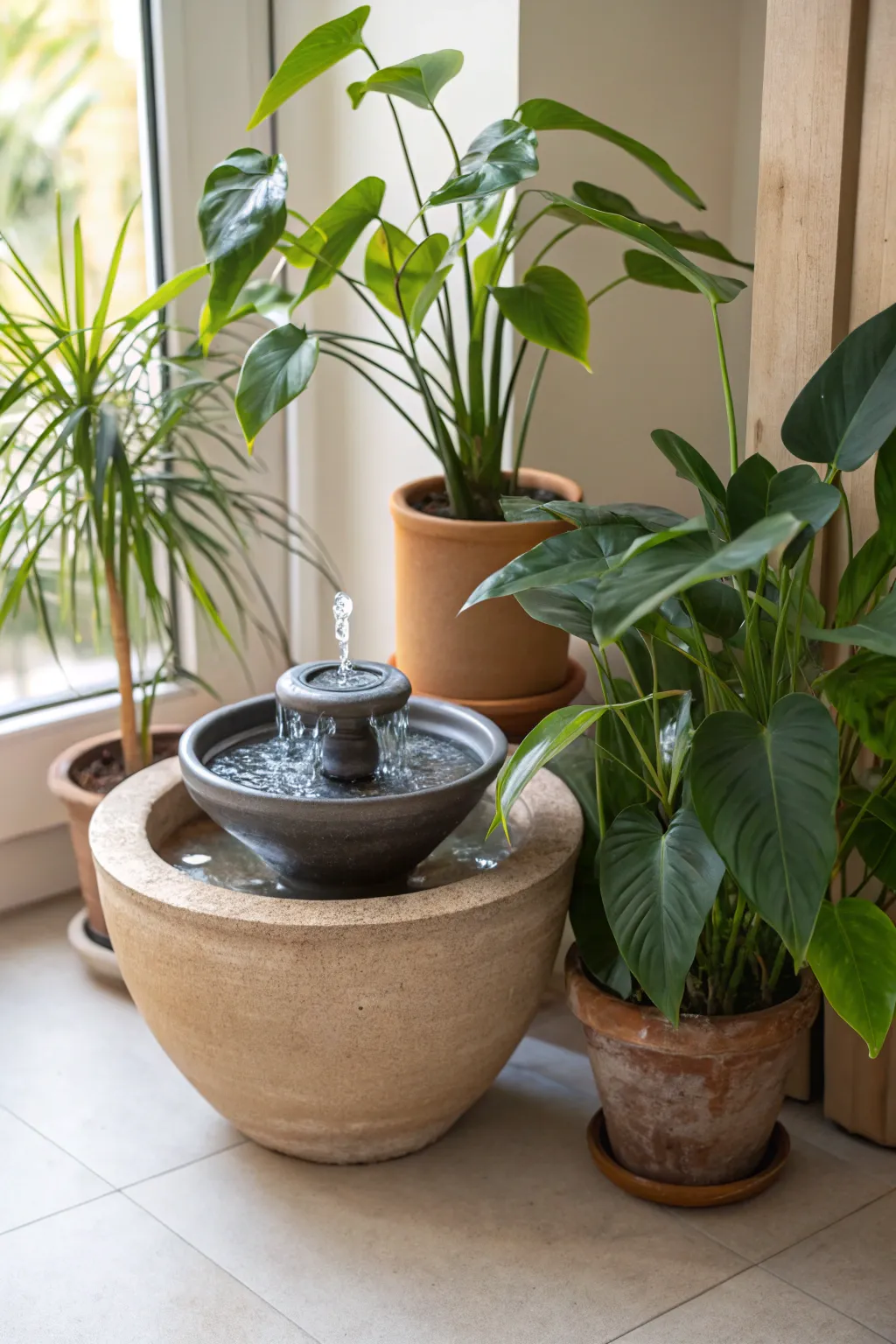 Transform your indoor garden into a serene oasis with a minimalist water feature that enhances natural beauty.