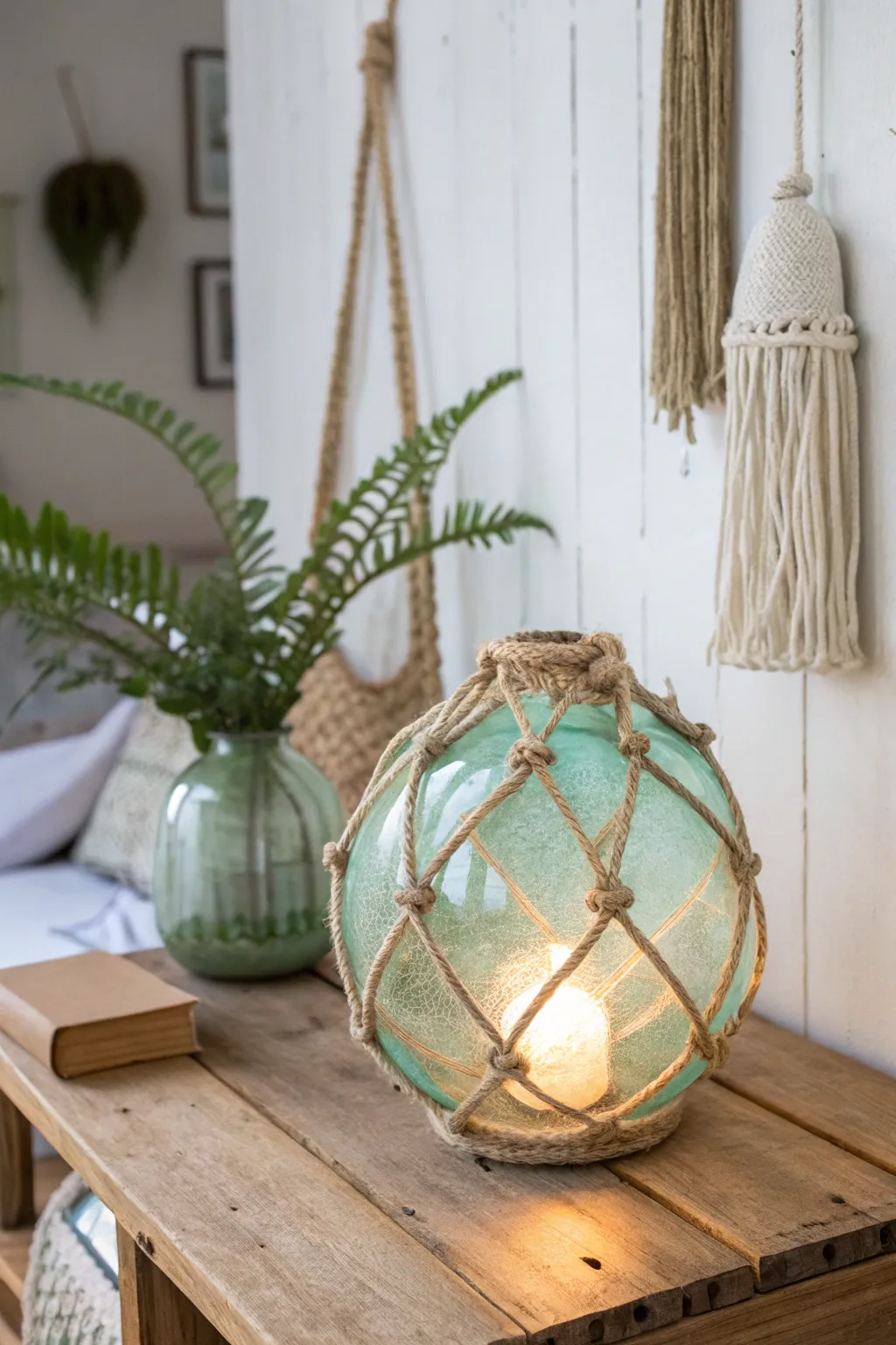 Illuminate your space with the enchanting glow of an upcycled glass buoy lamp, where oceanic charm meets minimalist elegance.