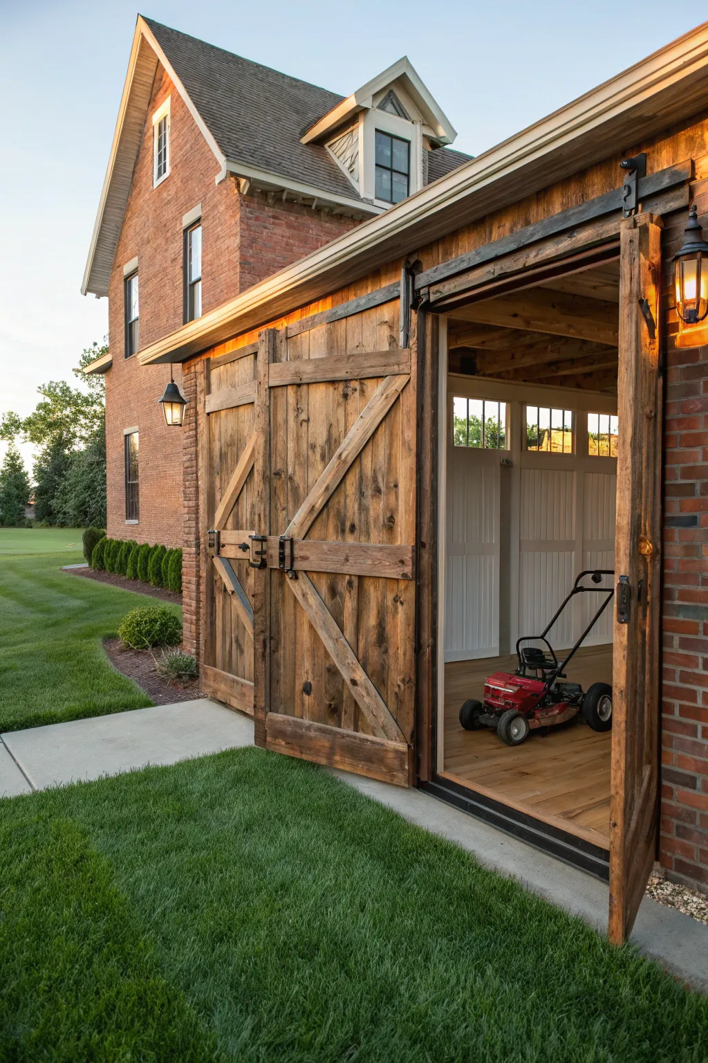 Elevate your outdoor space with a rustic sliding door enclosure made from reclaimed barn doors.