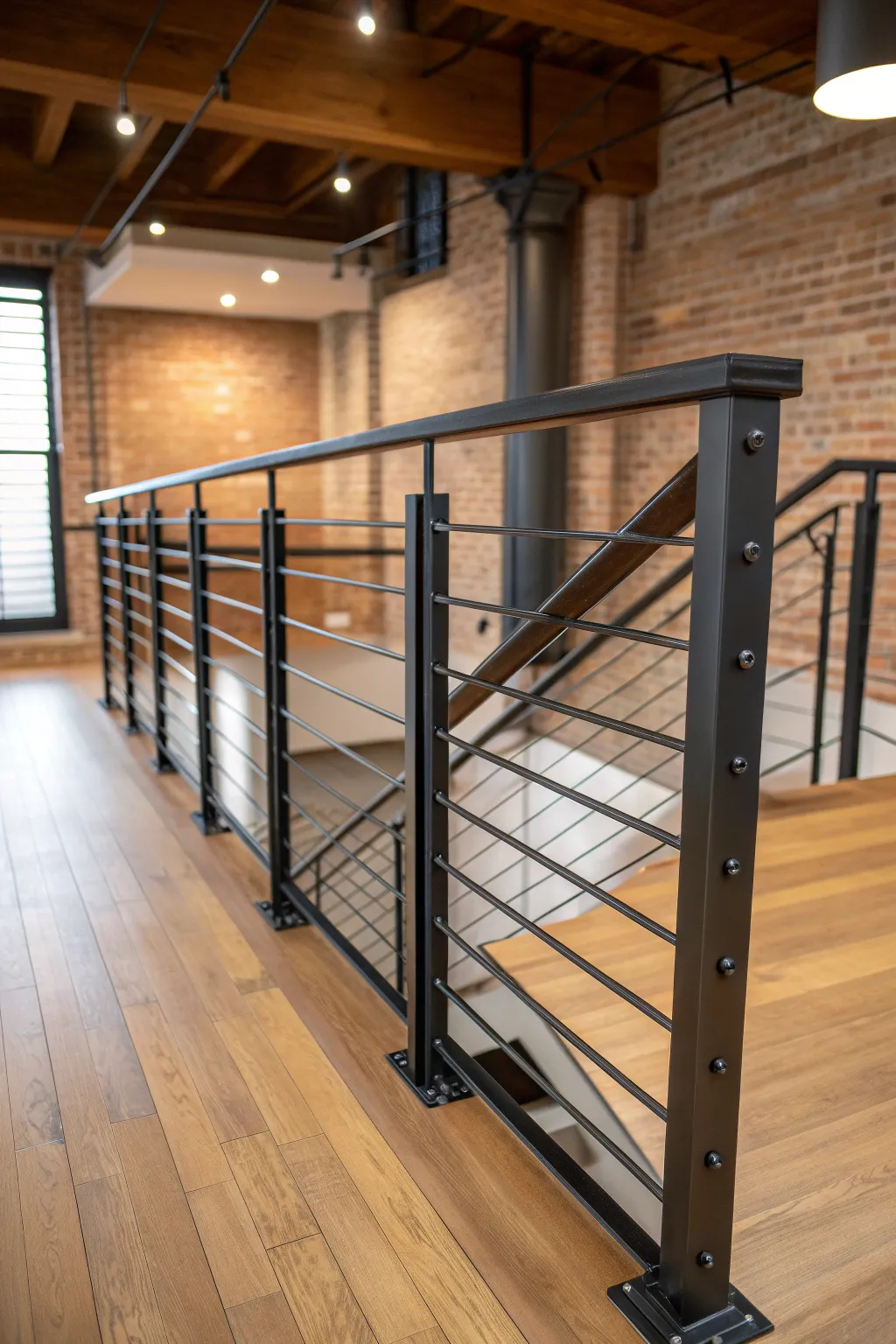 Elevate your loft's style with a minimalist metal frame railing that embodies precision and elegance.