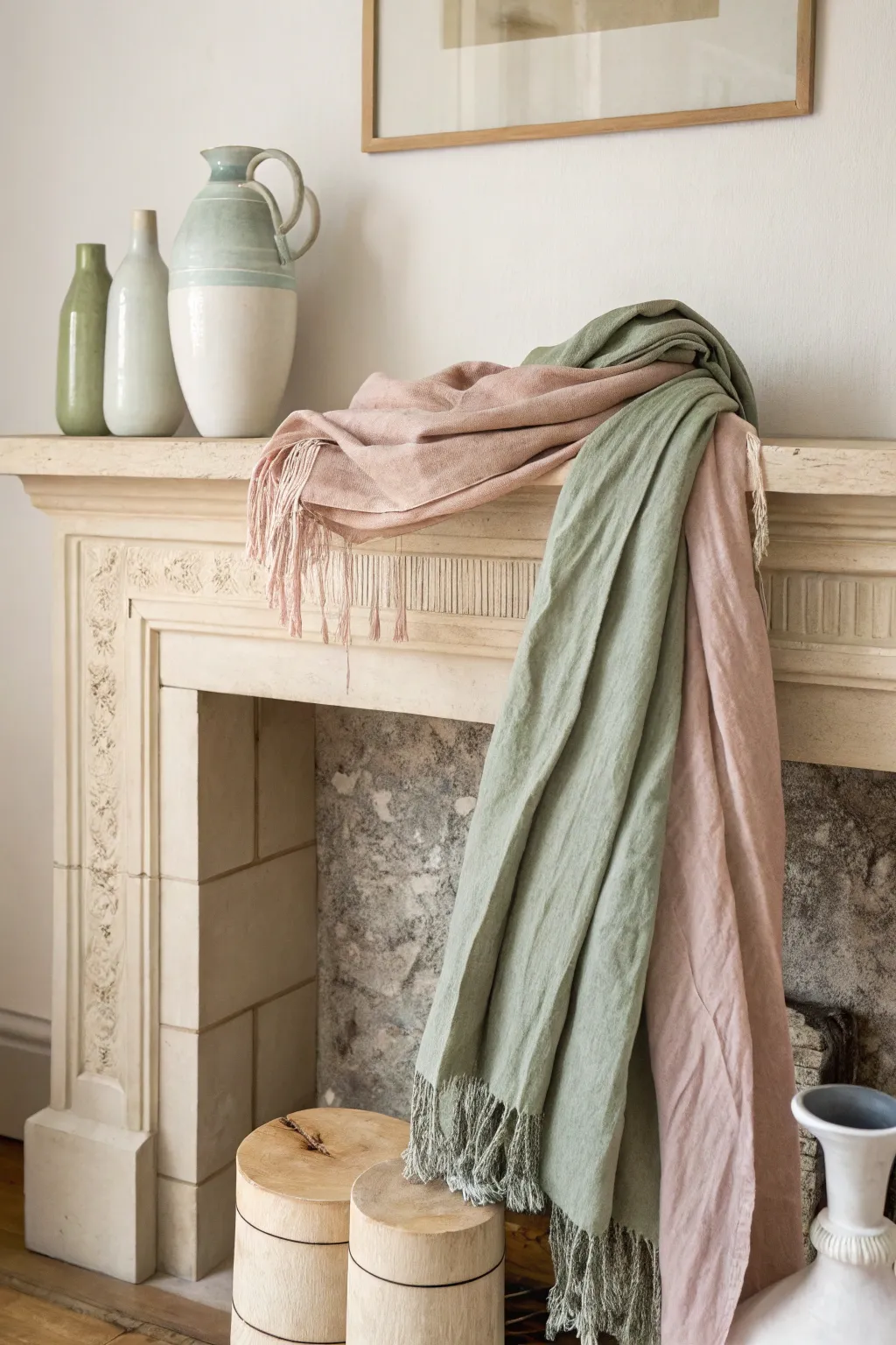 Embrace simplicity and texture with DIY layered textiles for your mantel.