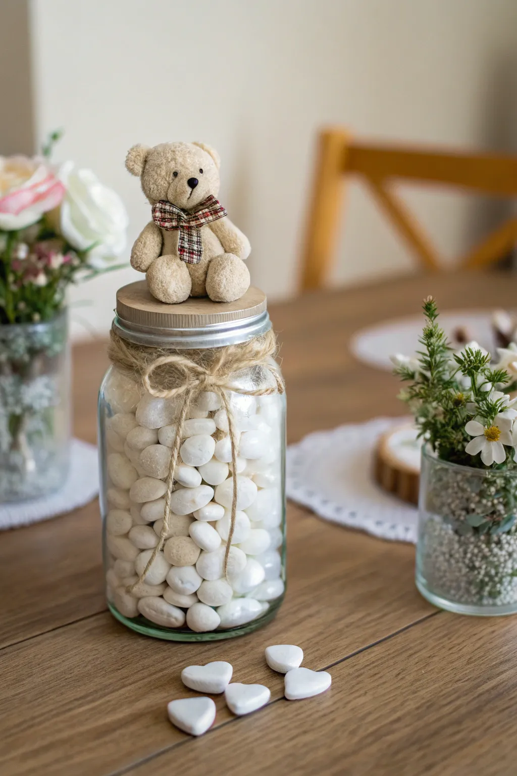 Charming and simple: A Scandinavian-inspired DIY mason jar centerpiece for a delightful baby shower.