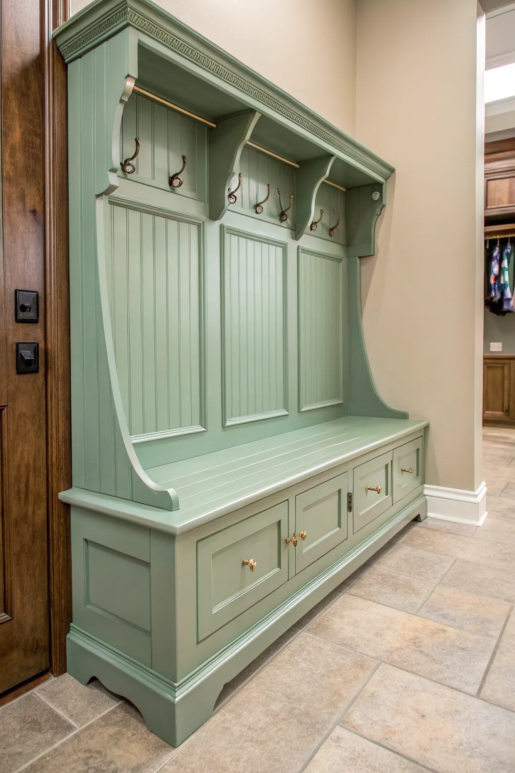 Transform your mudroom with a fresh pop of color—soft green for a welcoming touch of craftsmanship.