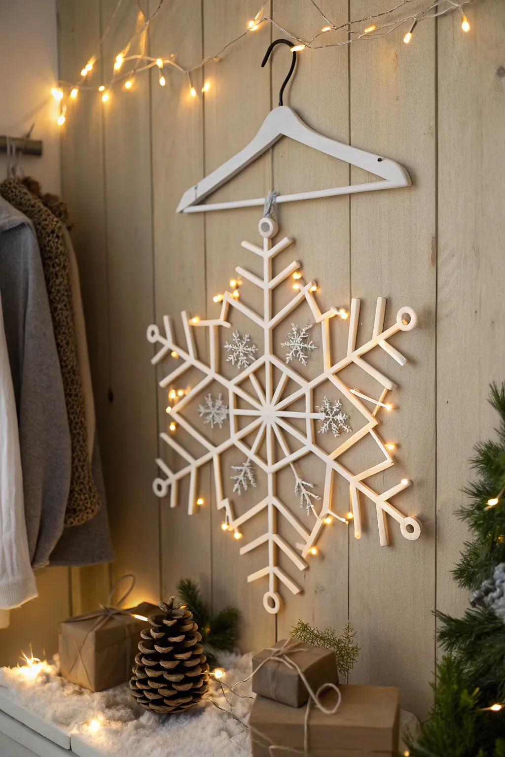 Illuminate your winter with DIY coat hanger snowflakes for a touch of minimalist magic.