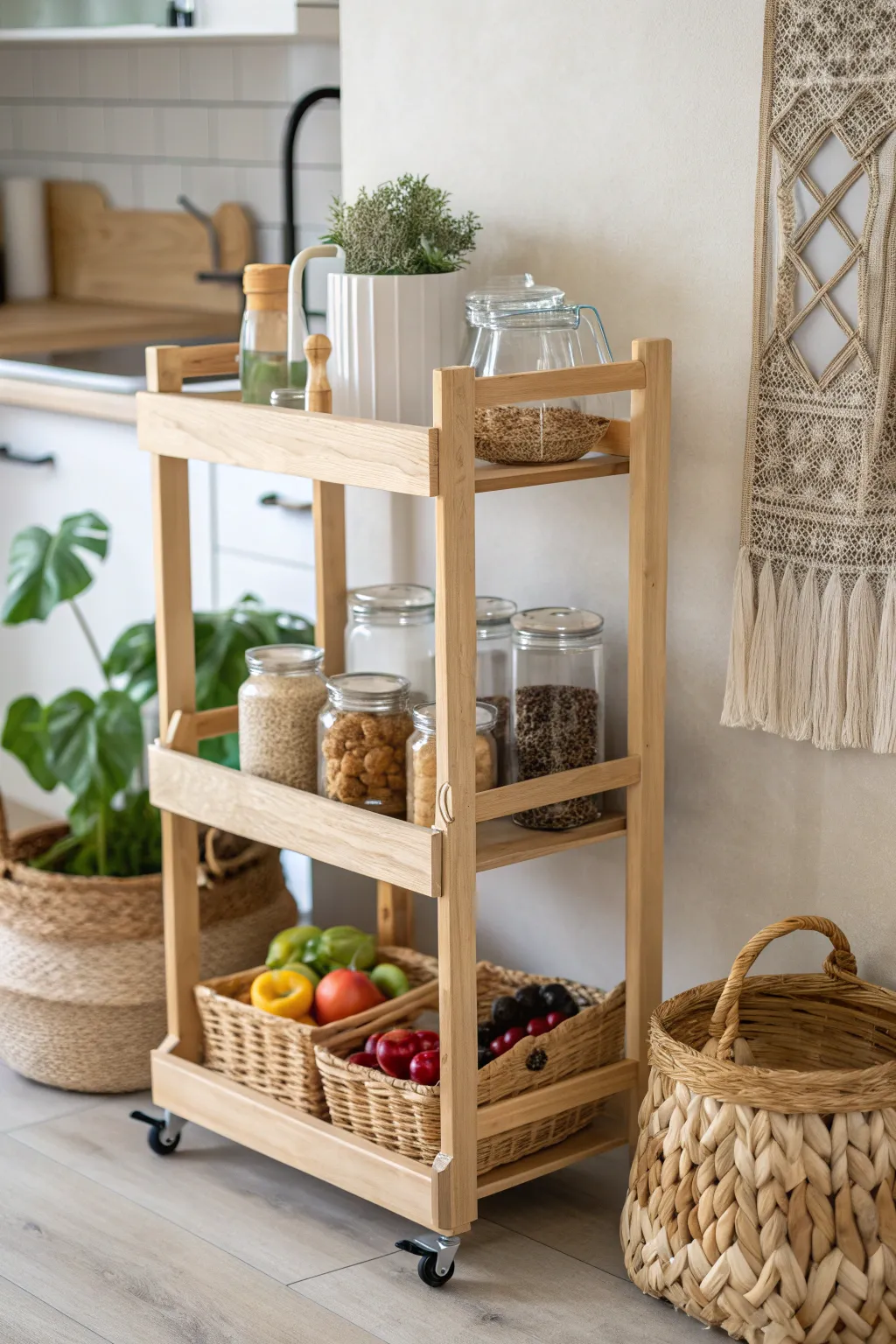 Elevate your pantry organization with a chic rolling cart—where style meets functionality.