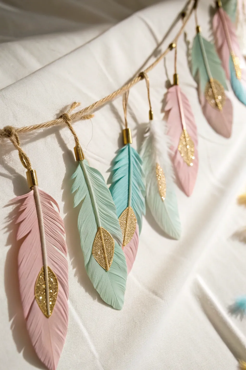 Embrace boho elegance with a painted feather garland that adds a touch of whimsy to any celebration.