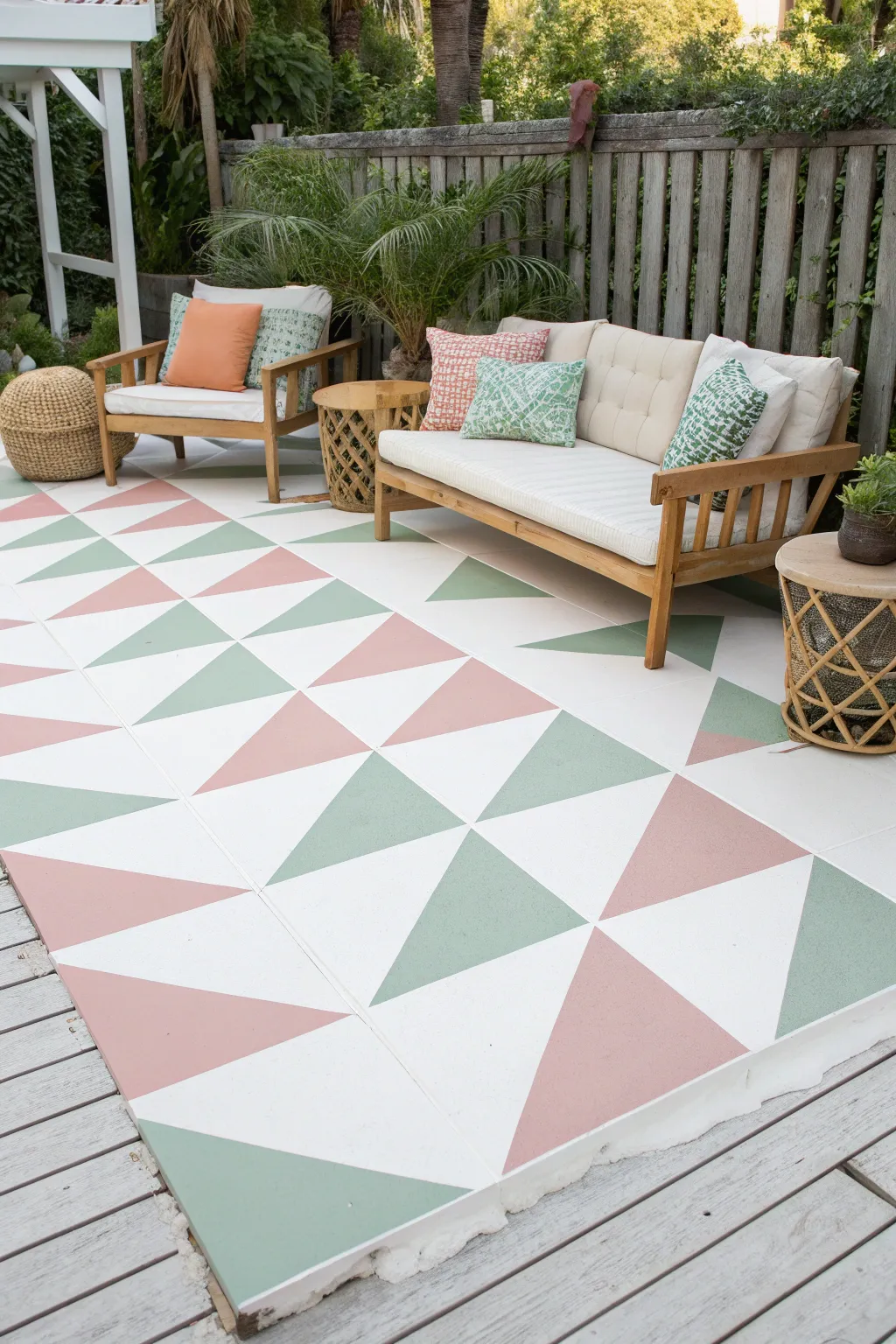 Transform your outdoor space with a stunning geometric painted patio floor for a touch of minimalist elegance.