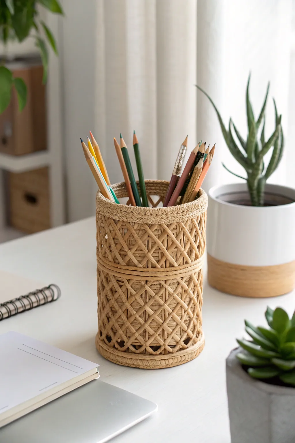 Add a touch of boho elegance to your workspace with these charming DIY rattan pencil pots.