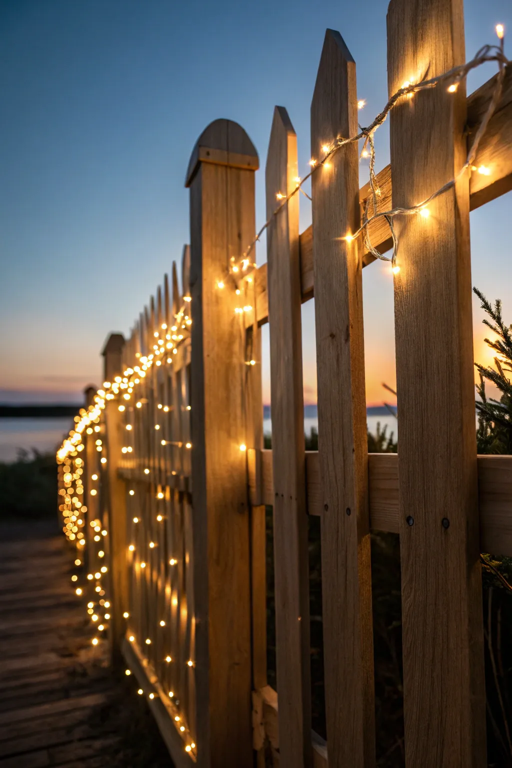 Illuminate your evenings with enchanting string lights on a beautifully crafted picket fence.