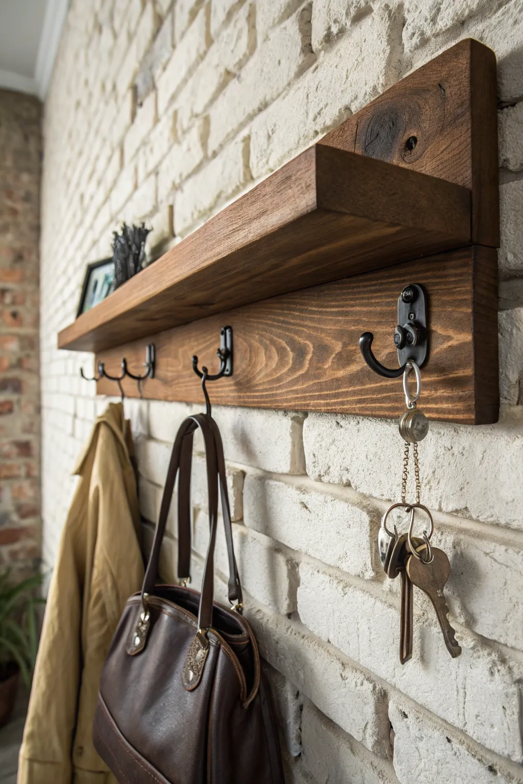 Combine style and functionality with this expertly crafted ledge with hooks—perfect for the modern gentleman's entryway.
