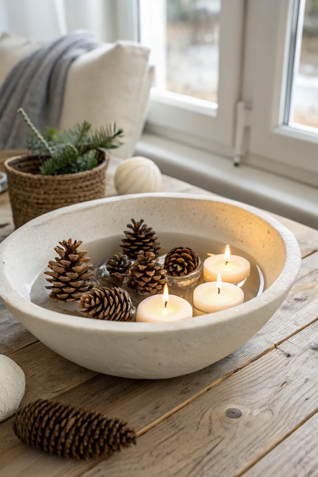 Elevate your table decor with this enchanting floating pine cone centerpiece, combining simplicity and natural elegance.