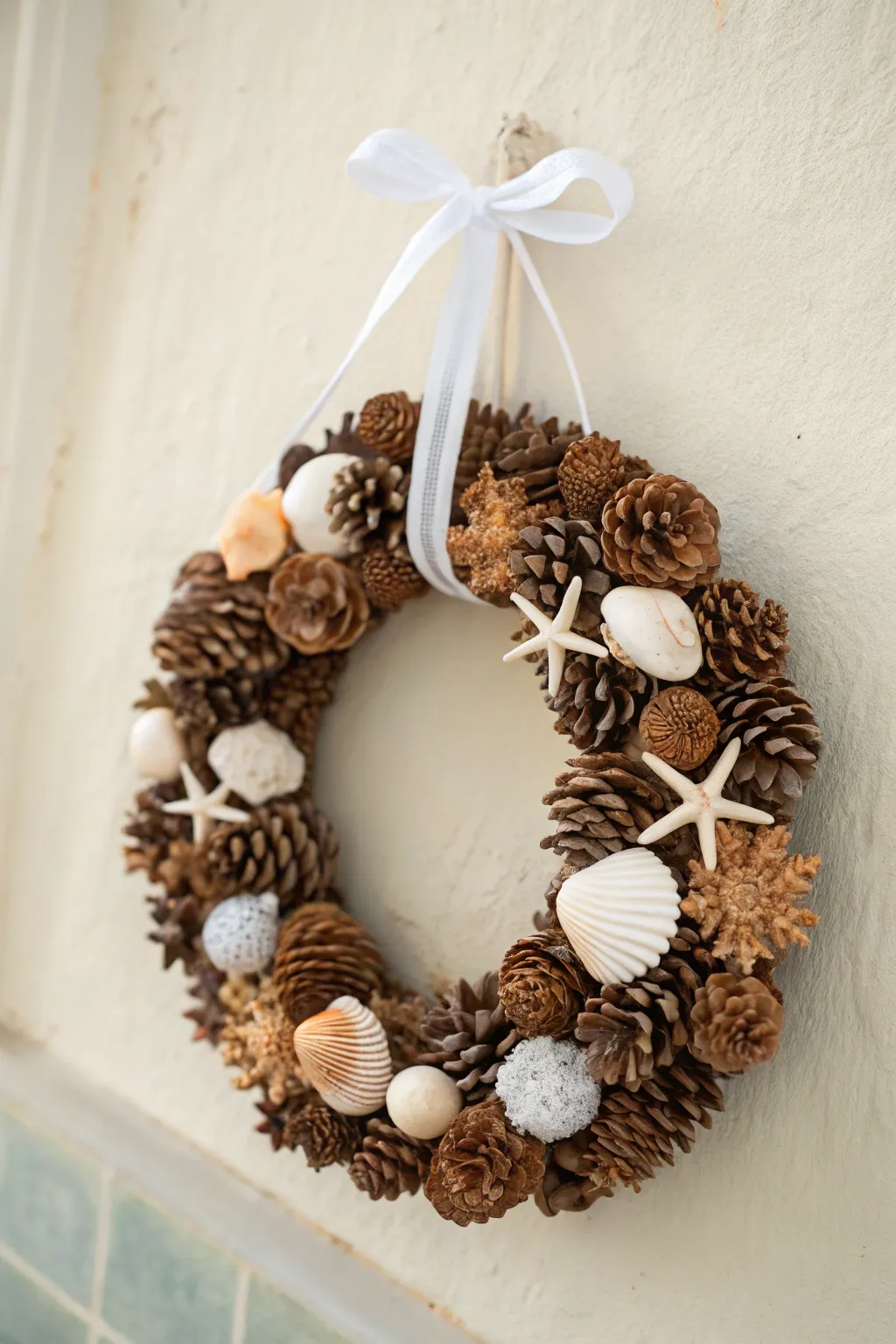 Embrace the tranquility of seaside and forest with this stunning Pinecone and Seashell Wreath.