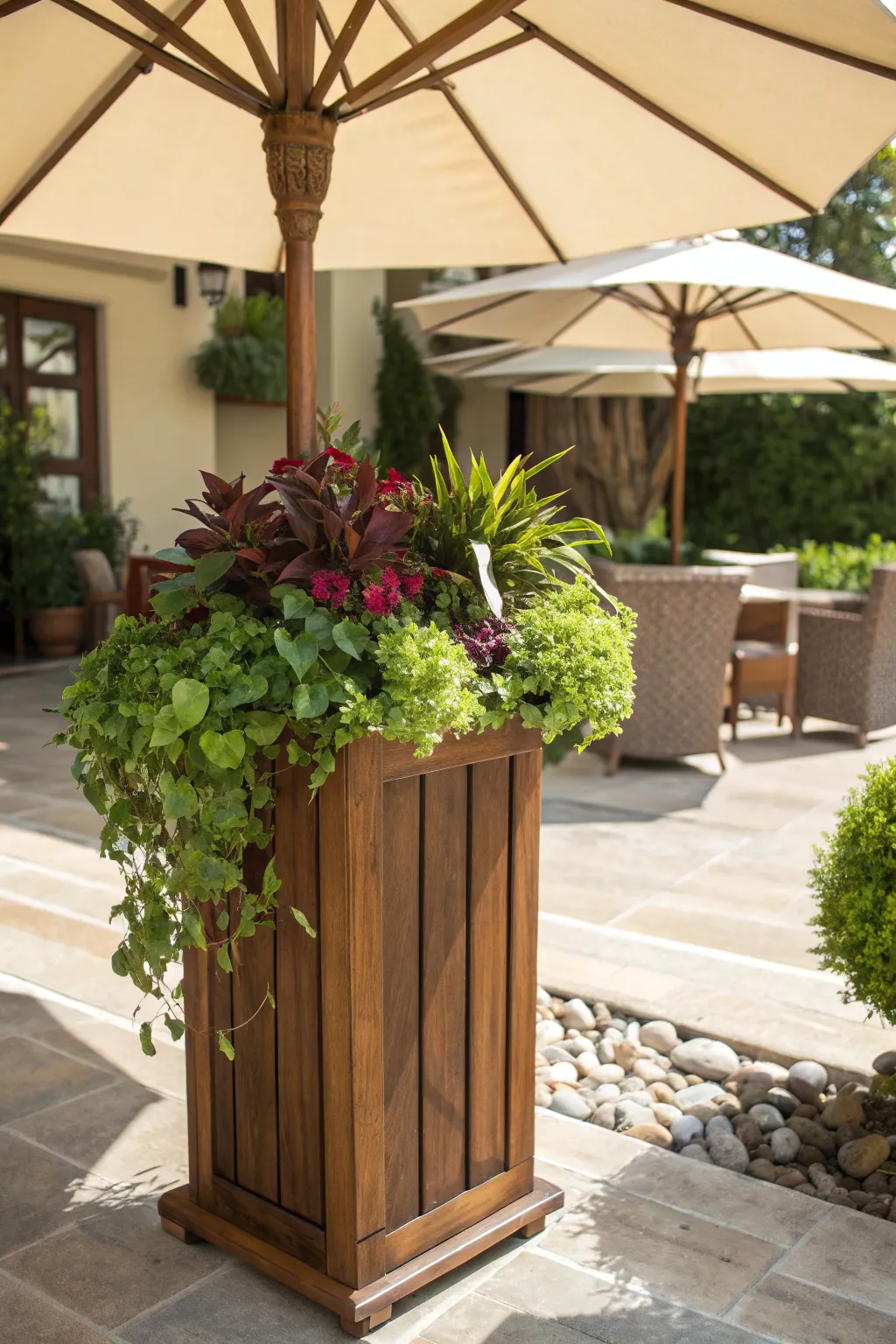 Elevate your backyard with this stunning DIY umbrella stand planter – where shade meets lush greenery.