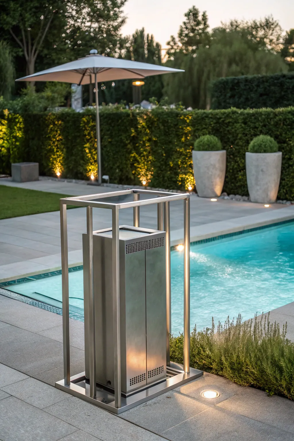 Elevate your poolside with a touch of industrial elegance: the minimalist metal frame pump cover.