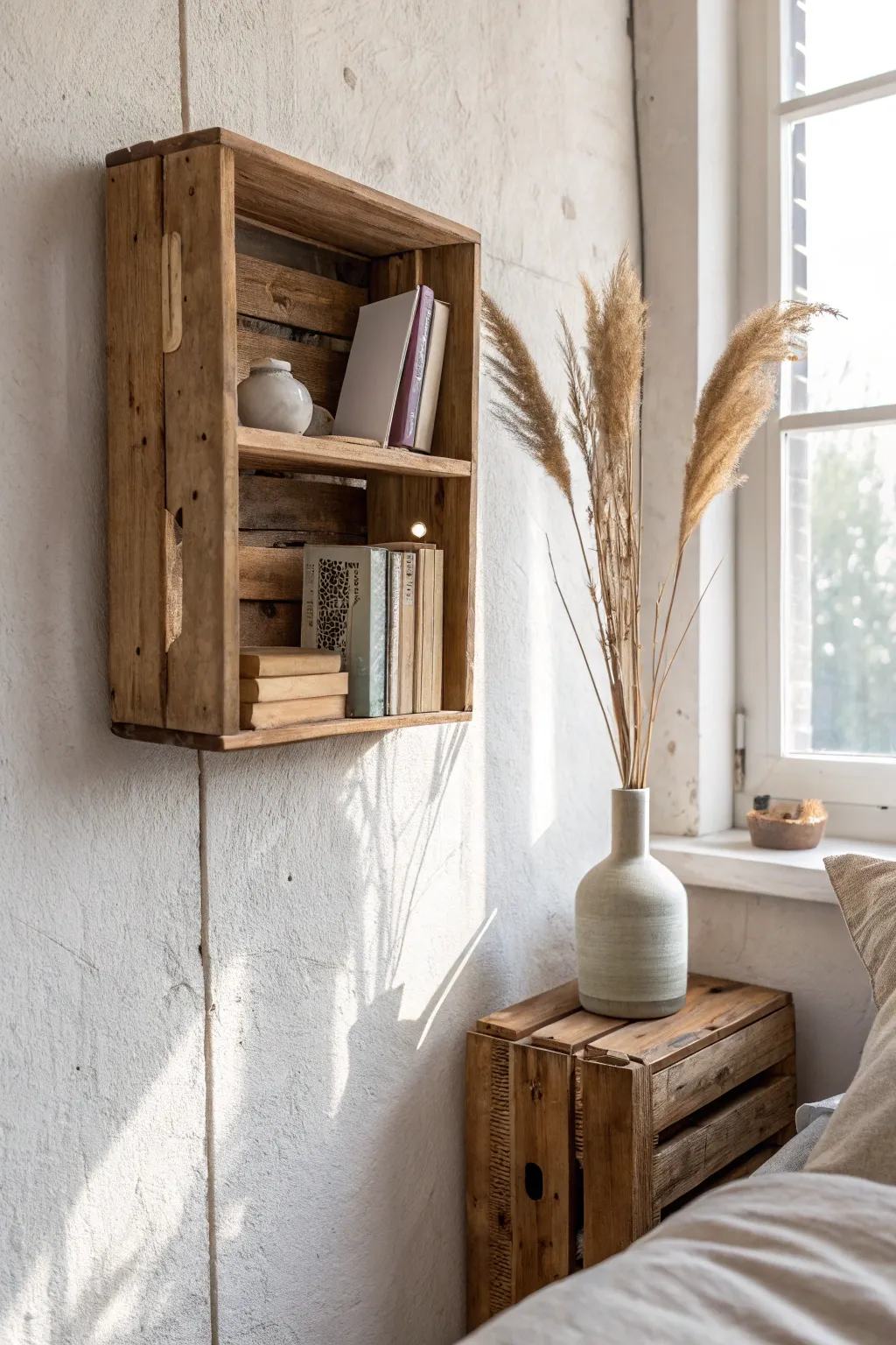 Transform your space with charming upcycled wine crate shelves—where rustic meets minimalist elegance.