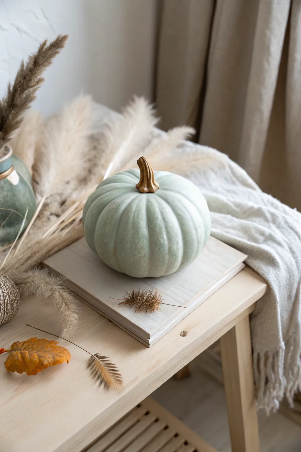 Embrace the charm of fall with a Scandinavian twist: a simple yet elegant pumpkin and feather centerpiece.