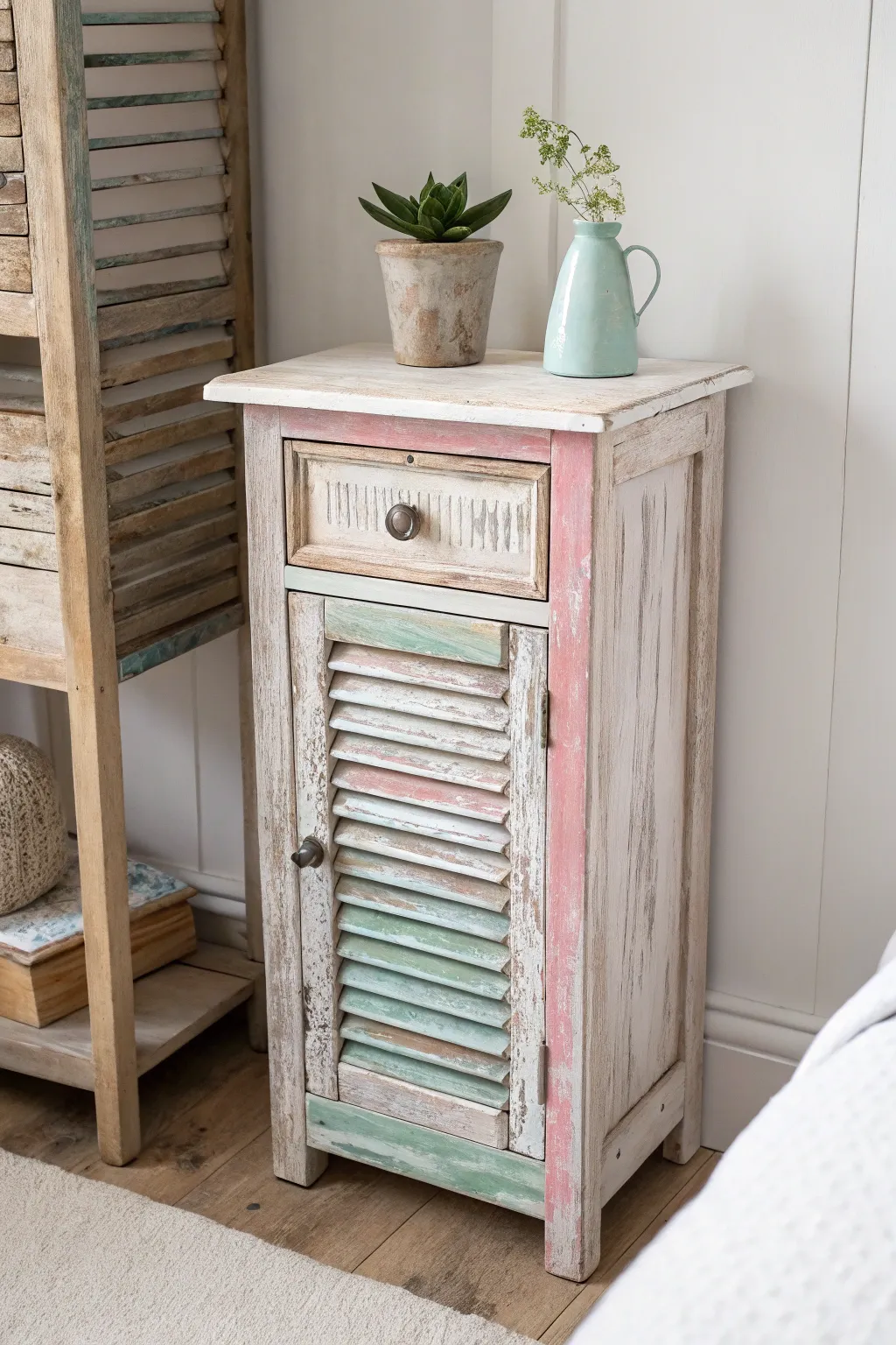 Elevate your space with a charming shutter nightstand—where beachy vibes meet minimalist elegance.