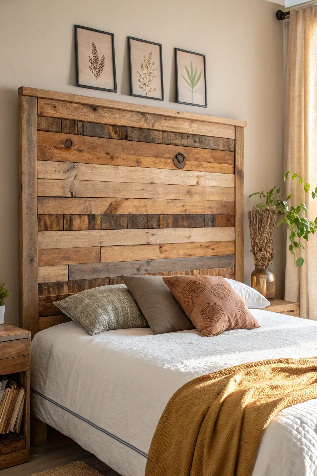 Transform your space with a charming reclaimed wood headboard—where simplicity meets sustainable style.
