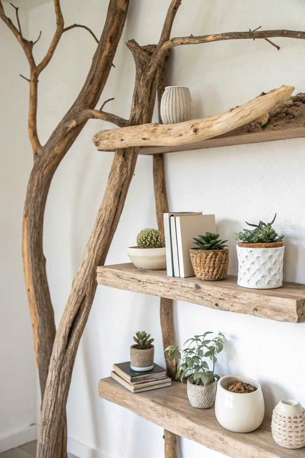Bring nature indoors with a tree branch bookshelf: a perfect blend of rustic charm and minimalist elegance.